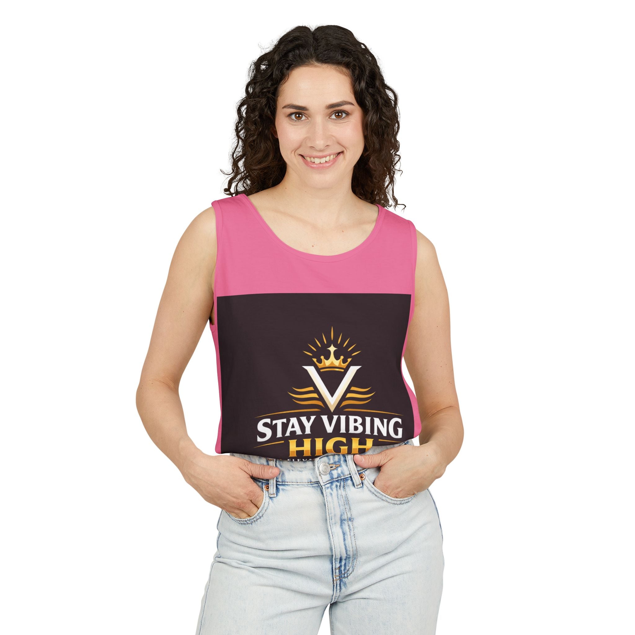 Stay Vibing High Tank Top — Motivational Crown Graphic Muscle Tee