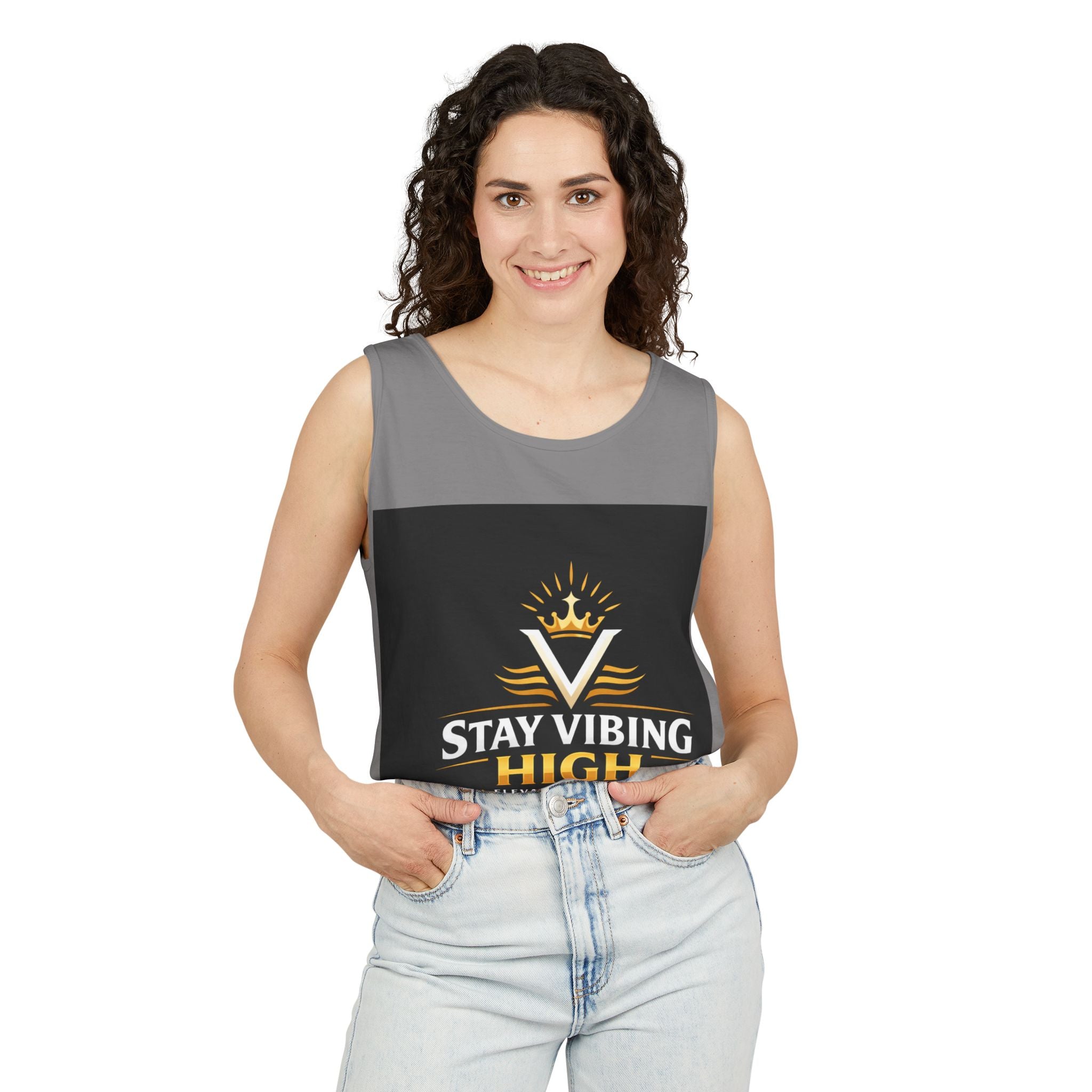 Stay Vibing High Tank Top — Motivational Crown Graphic Muscle Tee