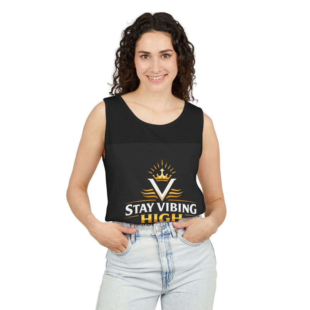 Stay Vibing High Tank Top — Motivational Crown Graphic Muscle Tee