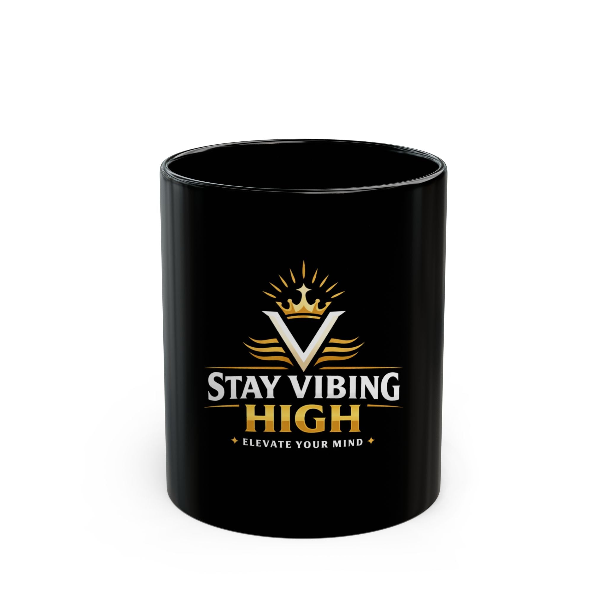 Stay Vibing High Mug — Black Ceramic Coffee Cup, “Stay Vibing High • Elevate Your Mind” Inspirational Gift