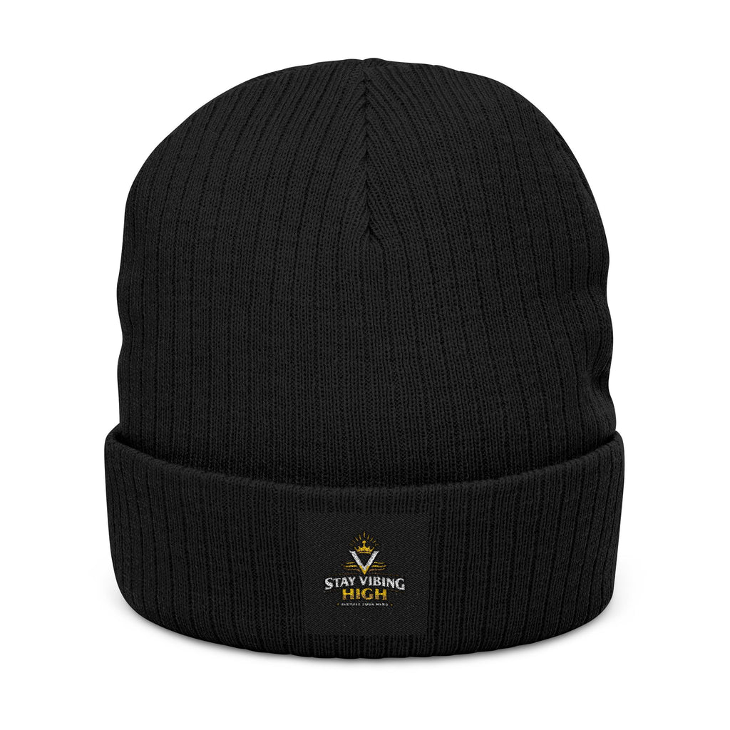 Embroidered ‘Stay Winning’ Ribbed Beanie – Black Knit Cuffed Hat