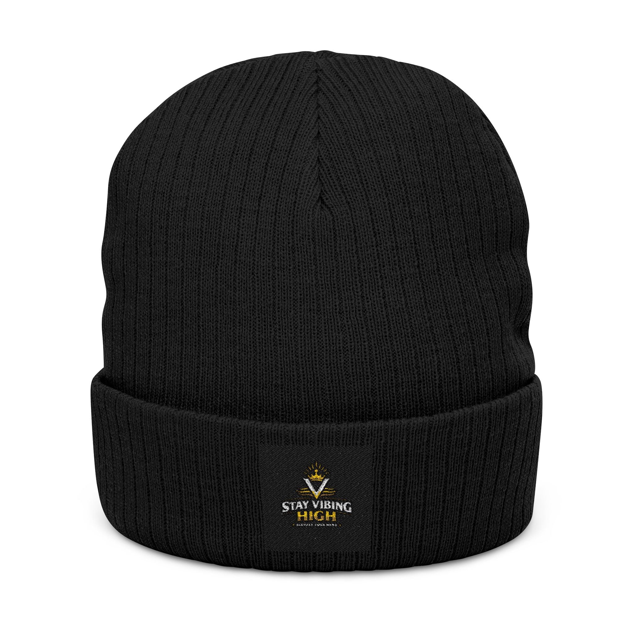Embroidered ‘Stay Winning’ Ribbed Beanie – Black Knit Cuffed Hat