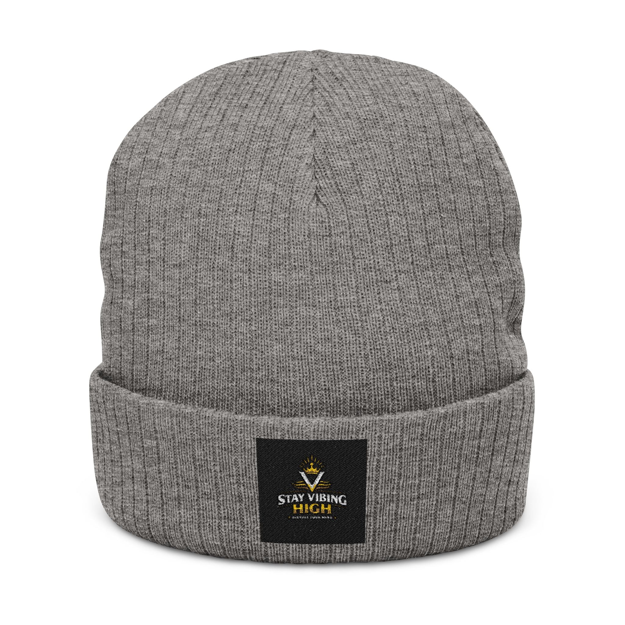 Embroidered ‘Stay Winning’ Ribbed Beanie – Black Knit Cuffed Hat
