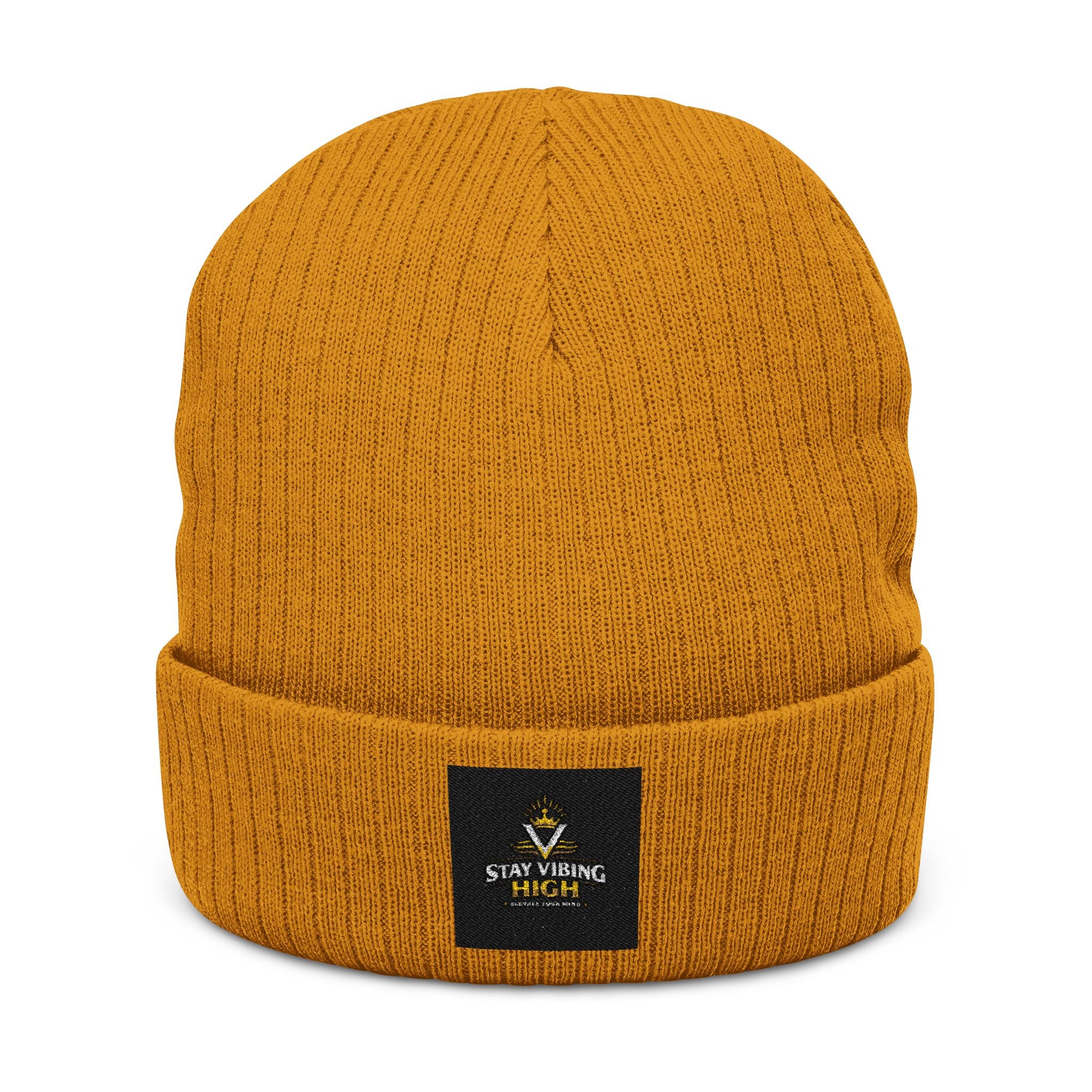 Embroidered ‘Stay Winning’ Ribbed Beanie – Black Knit Cuffed Hat